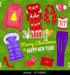 Colored christmas fashionable clothing composition with christmas icon set Stock Vector