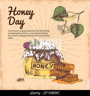Honey day hand drawn design with branch of linden bee product on beige worn background vector illustration Stock Vector