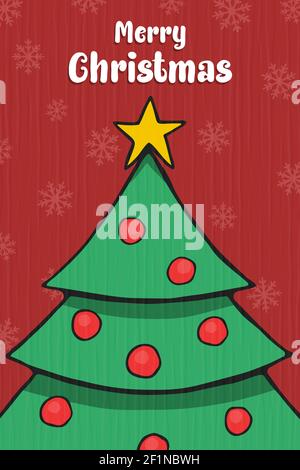 Merry Christmas greeting card illustration of festive pine tree in hand drawn style. Xmas cartoon design for seasons greetings or party invitation. Stock Vector