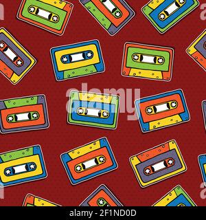 Hand drawn cassette seamless pattern, retro 90s style cartoon background for music technology or audio equipment concept. Stock Vector