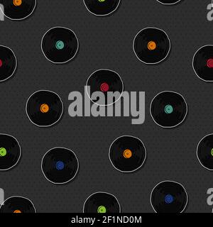 Hand drawn vinyl cd seamless pattern, retro style cartoon background for music technology or audio equipment concept. Stock Vector