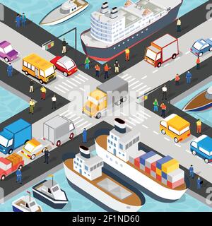 Isometric port cargo ship cargo seaport at sea Stock Vector