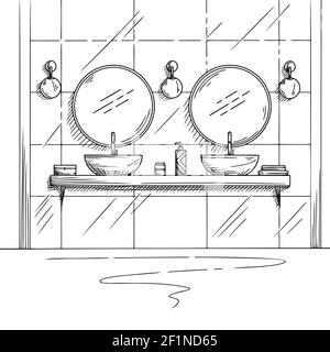 Bathroom sketch. Two washbasins, two round mirrors and other design elements. Vector illustration Stock Vector