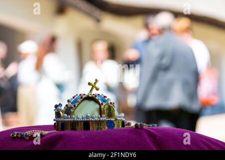 A small realistic copy of the Hungarian saint holy crown displayed in the Kocsagvar, Sarrod, Hungary Stock Photo