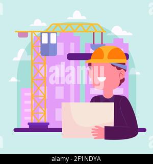 Flat engineers working on construction Vector illustration. Stock Vector