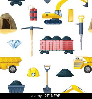 Mining insudtry isolated elements pattern with essential tools and technics for mining coal and diamond symbols vector illustration Stock Vector