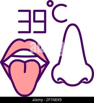 Smell and taste loss and elevated fever RGB color icon Stock Vector