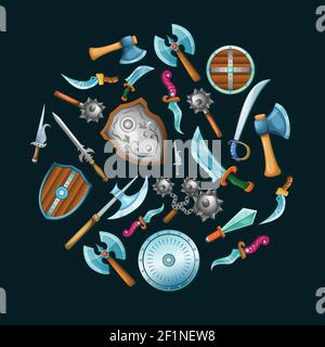 Medieval weapon set in circle shape with shields sword saber mace on black background isolated vector illustration Stock Vector