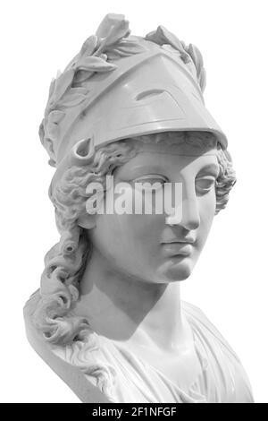 Ancient Greek goddess Athena Pallas statue isolated on white. Marble woman head in helmet sculpture. Stock Photo
