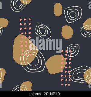 Abstract seamless pattern, doodles, stylized rosy, leaves, stripes, spots, bud, candies, copy space. Stock Photo