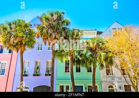 Colorful Rainbow Row, Charleston SC Stock Photo