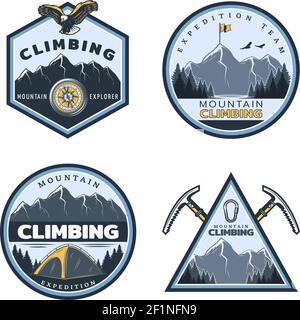 Vintage colored mountain climbing emblems set with inscriptions eagle tent pickaxes metal carabiner on nature landscape isolated vector illustration Stock Vector