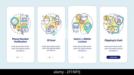 Bitcoin ATM verification steps onboarding mobile app page screen with concepts Stock Vector