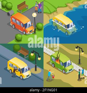 Isometric auto insurance cases concept with car crash accidents and theft isolated vector illustration Stock Vector