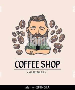 Coffe shop logo. Hand-drawn hipster man with mustache, beard with coffee beans on white background. Barista Vector logo. Line cafe Emblem. Stock Vector