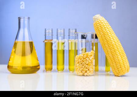 Ethanol biofuel derived from corn maze with beaker test tubes in laboratory Stock Photo