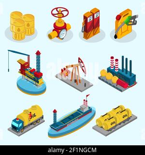 Isometric oil industry elements collection with barrels pipeline fuel station canister factory drilling rig truck ship tankers isolated vector illustr Stock Vector