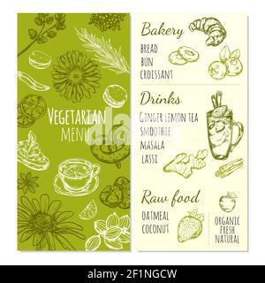 Vegetarian menu sketch template with natural food healthy beverages and fresh organic fruits Stock Vector