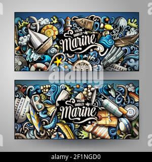 Cartoon cute colorful vector doodles Marine corporate identity. 2 horizontal banners design. Templates set Stock Vector