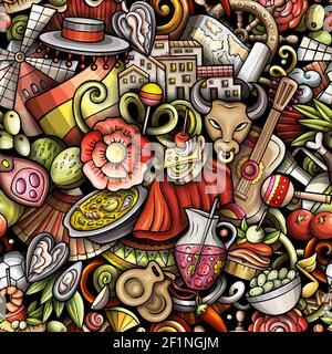 Cartoon doodles Spain seamless pattern. Backdrop with Spanish culture symbols and items. Colorful detailed background for print on fabric, textile, wr Stock Vector