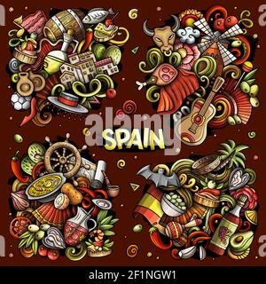 Spain cartoon vector doodle designs set. Colorful detailed compositions with lot of Spanish objects and symbols. All items are separate Stock Vector