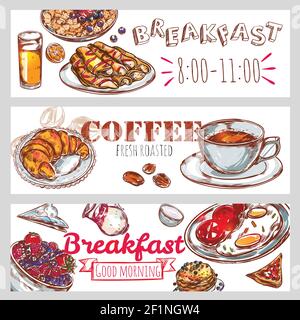 Three horizontal breakfast banner set with coffee fresh roasted and breakfast good morning descriptions vector illustration Stock Vector