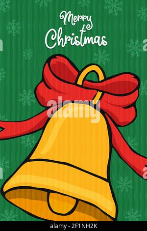 Merry Christmas greeting card illustration of bell ornament in hand drawn style. Traditional holiday cartoon for xmas wishes or party invitation. Stock Vector