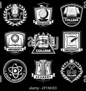 Vintage university and college labels set with educational study elements on black background isolated vector illustration Stock Vector