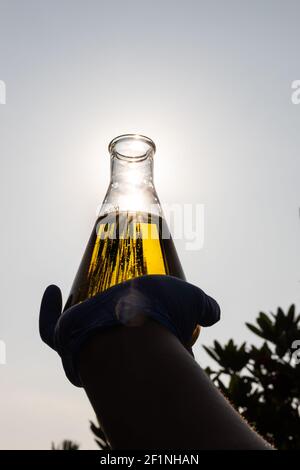 Silhouette of hand with gloves holding beaker with ethanol biofuel against blue sky Stock Photo