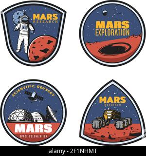 Colored vintage mars research emblems set with astronaut Stock Vector