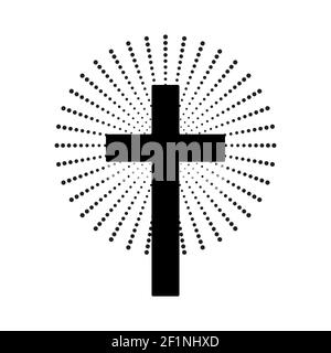 Christian cross with abstract dotted sun rays. Christian cross icon. Black religion symbol. Vector illustration. Abstract religion icon. Stock Vector