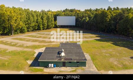 Old Abandoned Drive In Aerial Perspective Movie Screen Snack Bar Stock Photo