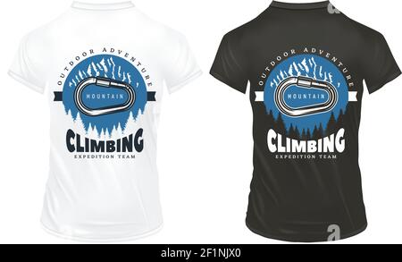 Vintage colored mountain climbing print template with inscription metal carabiner nature landscape on black and white shirts isolated vector illustrat Stock Vector