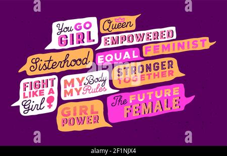 Feminist movement quote set, powerful inspirational words and motivation messages for female rights. Women equality typography quotes, sticker pack or Stock Vector