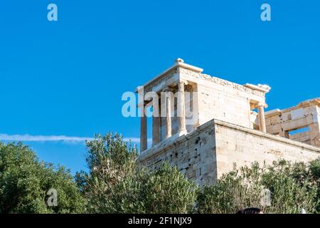 Historical marble parts and Hellenistic, Greek columns from the Parthenon Acropolis in Athens, Greece. Panoramic view with large copy space. Stock Photo