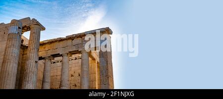 Historical marble parts and Hellenistic, Greek columns from the Parthenon Acropolis in Athens, Greece. Panoramic view with large copy space. Stock Photo