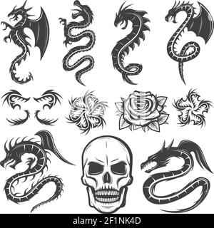 Vintage monochrome tattoos collection with fantasy dragons flowers and skull isolated vector illustration Stock Vector