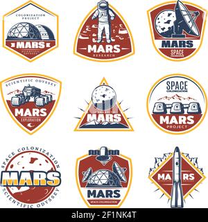 Colored vintage space labels set with inscriptions mars exploration Stock Vector