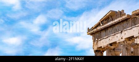 Historical marble parts and Hellenistic, Greek columns from the Parthenon Acropolis in Athens, Greece. Panoramic view with large copy space. Stock Photo