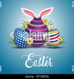 happy easter greetings. funny rabbit ear with colorful easter eggs. vector illustration design Stock Vector