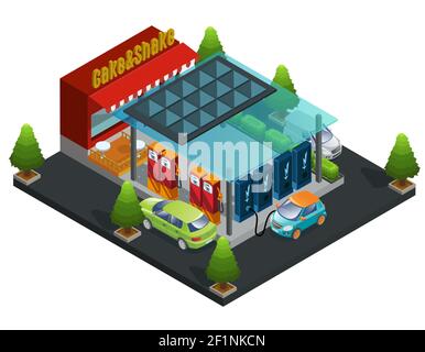 Isometric gas and charger station template with cafe car fuel refill and electric automobile charging processes isolated vector illustration Stock Vector