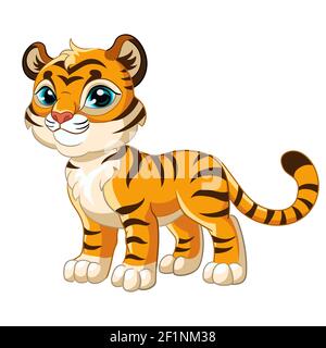 Funny cartoon standing smiling tiger character. Cute animal. Vector illustration isolated on white background. For card, poster,design,greeting, stick Stock Vector