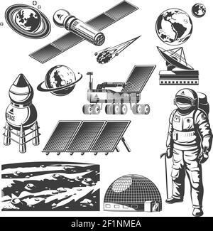 Vintage space elements collection with spaceships radar astronaut lunar rover solar panels meteor planets Mars surface landscape isolated vector illus Stock Vector