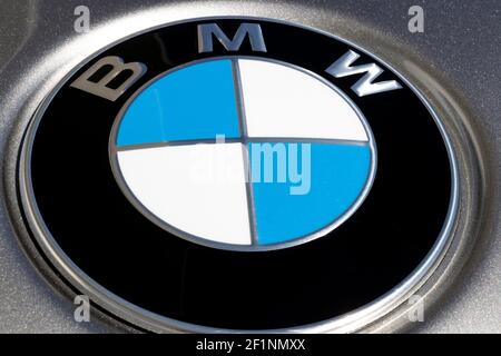 Indianapolis - Circa March 2021: BMW automobile logo. BMW builds luxury and electric vehicles and is based in Germany. Stock Photo