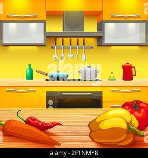 Colorful cartoon style kitchen interior with wooden table and vegetables furniture pan and pot on stove vector illustration Stock Vector
