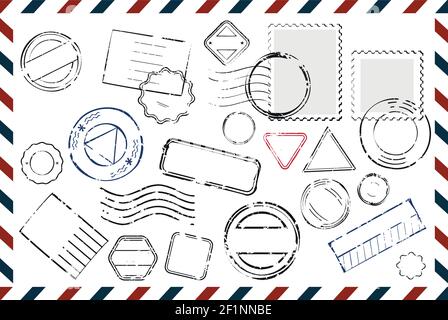 Composition with variety of stamps with place for text and postmarks on rectangular postal envelope flat vector illustration Stock Vector