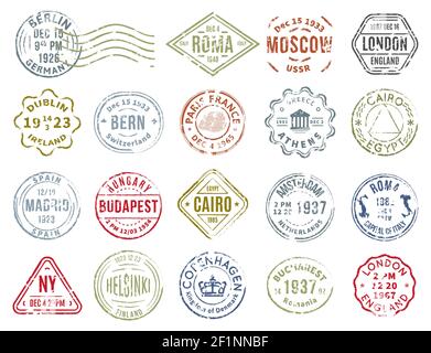 Set of creative post stamps with different countries landmarks and symbols.  Fun postage stamp vector designs for using on envelopes. Mail and post  office concept. Stock Vector