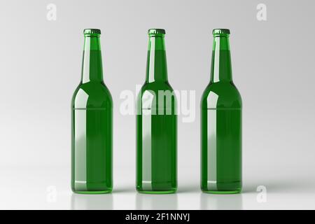 Three beer bottles 500ml mock up on white background. Front view Stock Photo