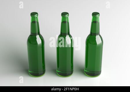 Three beer bottles 500ml mock up on white background. Side view Stock Photo