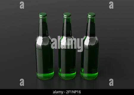 Three beer bottles 500ml mock up on black background. Side view Stock Photo